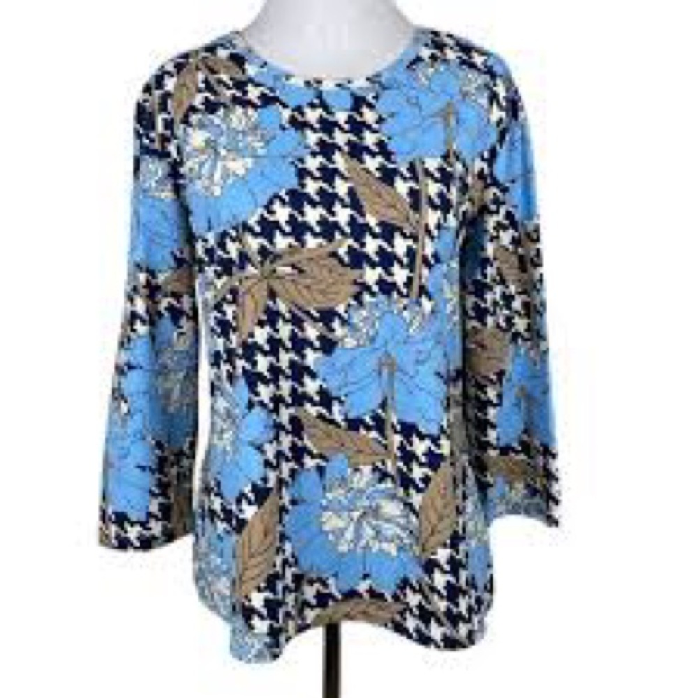 J. Mclaughlin Blue Floral Houndstooth Catalina Cloth Signature 3/4 sleeve shirt